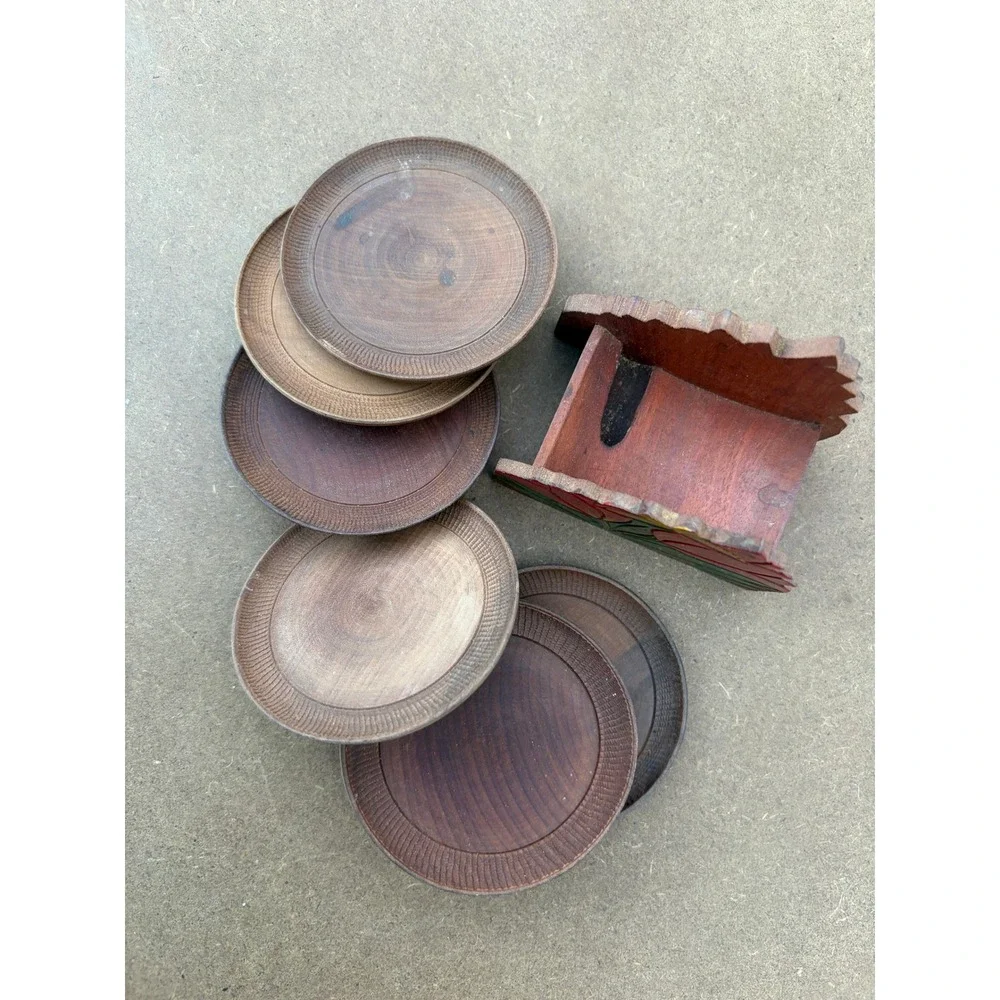Vintage Wooden Coaster Set with Painted‎ Tulip Holder 6 Piece Rustic Folk Art
